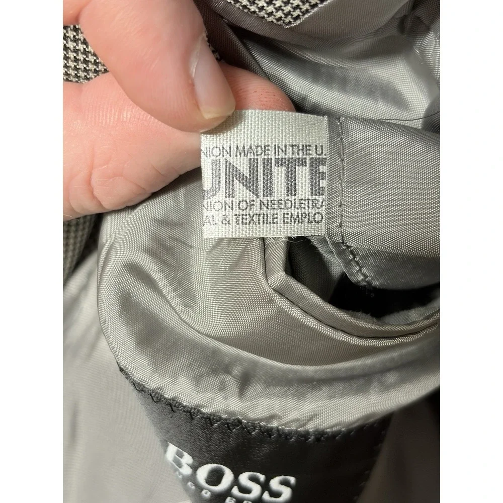 Hugo Boss Super 100 Blazer 44R Gray Houndstooth 100% Virgin Wool Sport Coat Mens